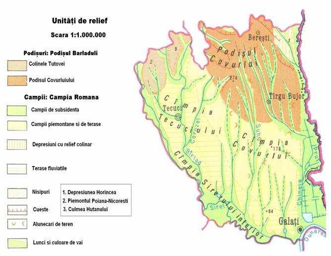 3..5. Relieful Municipiul Galaţi este situat la limita de est a teritoriului ţării, în partea de S-SE a teritoriului judeţului, între confluenţele Siretului şi Prutului cu fluviul Dunărea, pe