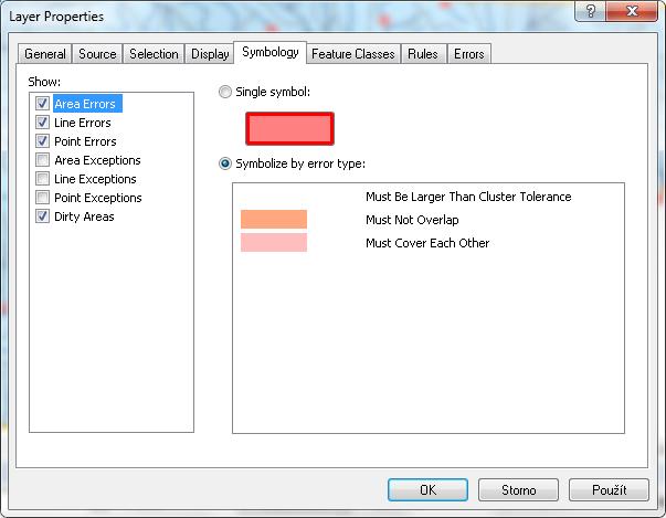 6. PRÁCE S TOPOLOGIÍ V ARCGIS 10 Chyby mohou být zvýrazněny pomocí symbologie, která je spravována ve vlastnostech topologie.