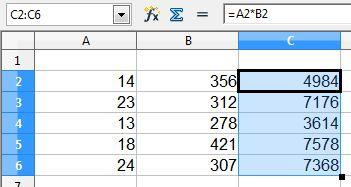 pre konkrétne hodnoty v bunkách (14 a 356) dostaneme výsledok po odoslaní vzorca klávesom Enter (pozri obrázok vkladania vzorca do bunky C2 a obrázok po stlačení klávesu Enter) Príklad 3: