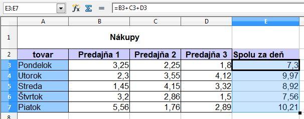 a B2:B6 vypočítame súčin čísel v riadkoch teda do bunky C2 zadáme vzorec =A2*B2 a vzorec nakopírujeme do oblasti buniek B3:B6 (pozri obrázok).