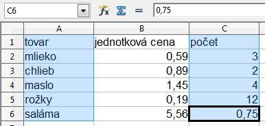 obdĺžnikovú oblasť B2:C5 označíme myšou kliknutím do bunky B2 a so stisnutým ľavým tlačidlom myš vlečieme až do bunky C5. Oblasť buniek sa vyfarbí inverzne (pozri obrázok).