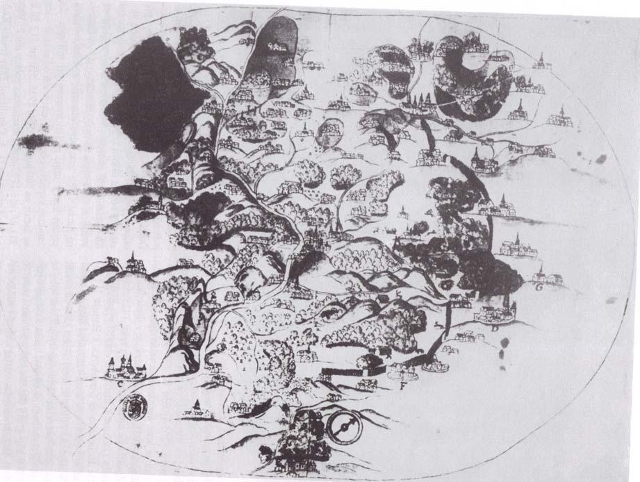 Obr. 23, Mapa křivoklátských lesů z roku 1600 Šimona Podolského z Podolí