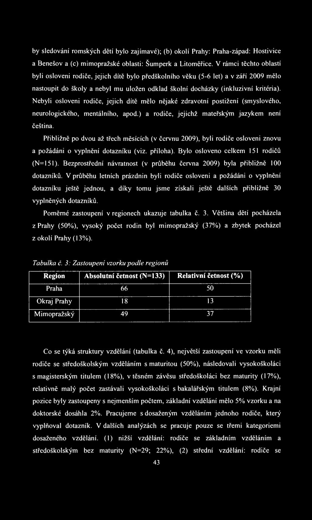 by sledování romských dětí bylo zajímavé); (b) okolí Prahy: Praha-západ: Hostivice a Benešov a (c) mimopražské oblasti: Šumperk a Litoměřice.