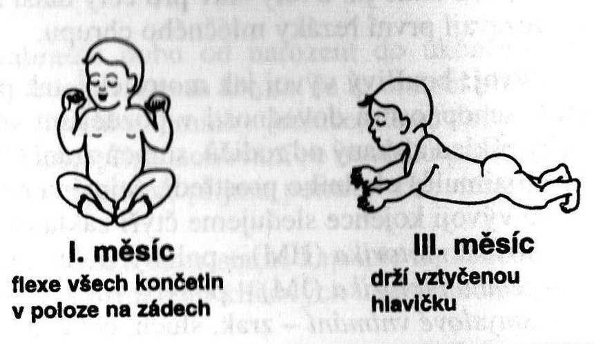 Kolem třetího měsíce dokáže dítě z lehu na zádech zvedat končetiny a z lehu na bříšku udrží vztyčenou hlavičku. Chvilkami udrží i hrudník nad podložkou.