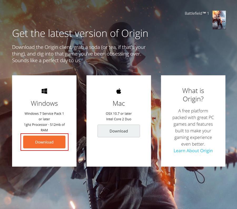 Origin 1. Klienta ORIGIN stáhnete zde: https://www.origin.com/irl/en-us/store/download kliknutím na tlačítko (Download). 2. Stáhne se Vám soubor (OriginThinSetup.