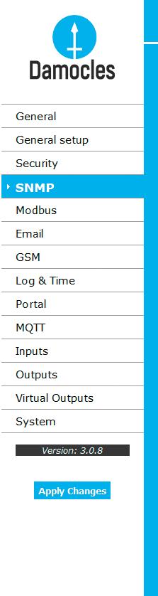 SNMP Access Definuje oprávnění a jméno skupin uživatelů, pro práci se zařízením Damocles. User name textový název skupiny, které jsou přiřazena práva (standardně Public a Private).