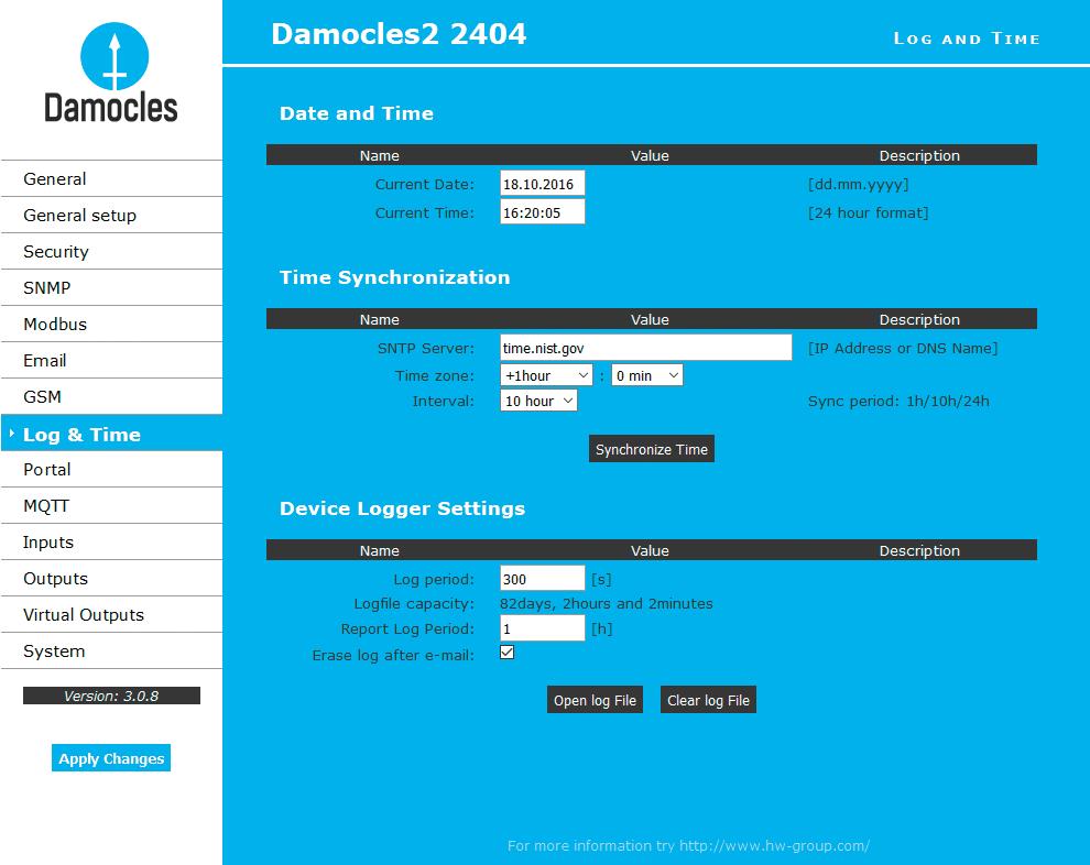 Log & Time Nastavení data, času a logování hodnot. Time Synchronization Nastavení SNTP serveru pro synchronizaci času. Pokud není nastavený čas (zobrazuje se datum 1.