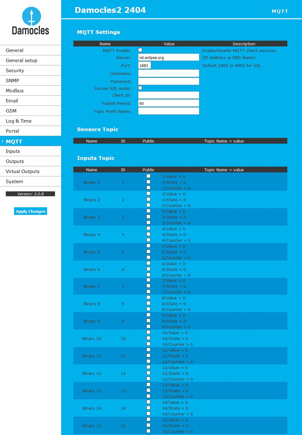 MQTT Slouží pro připojení jednotky Do IoT sétě pomocí protokolu MQTT. Sekce MQTT Settings MQTT Enable zapne či vypne funkci odesílání dat protokolem MQTT.