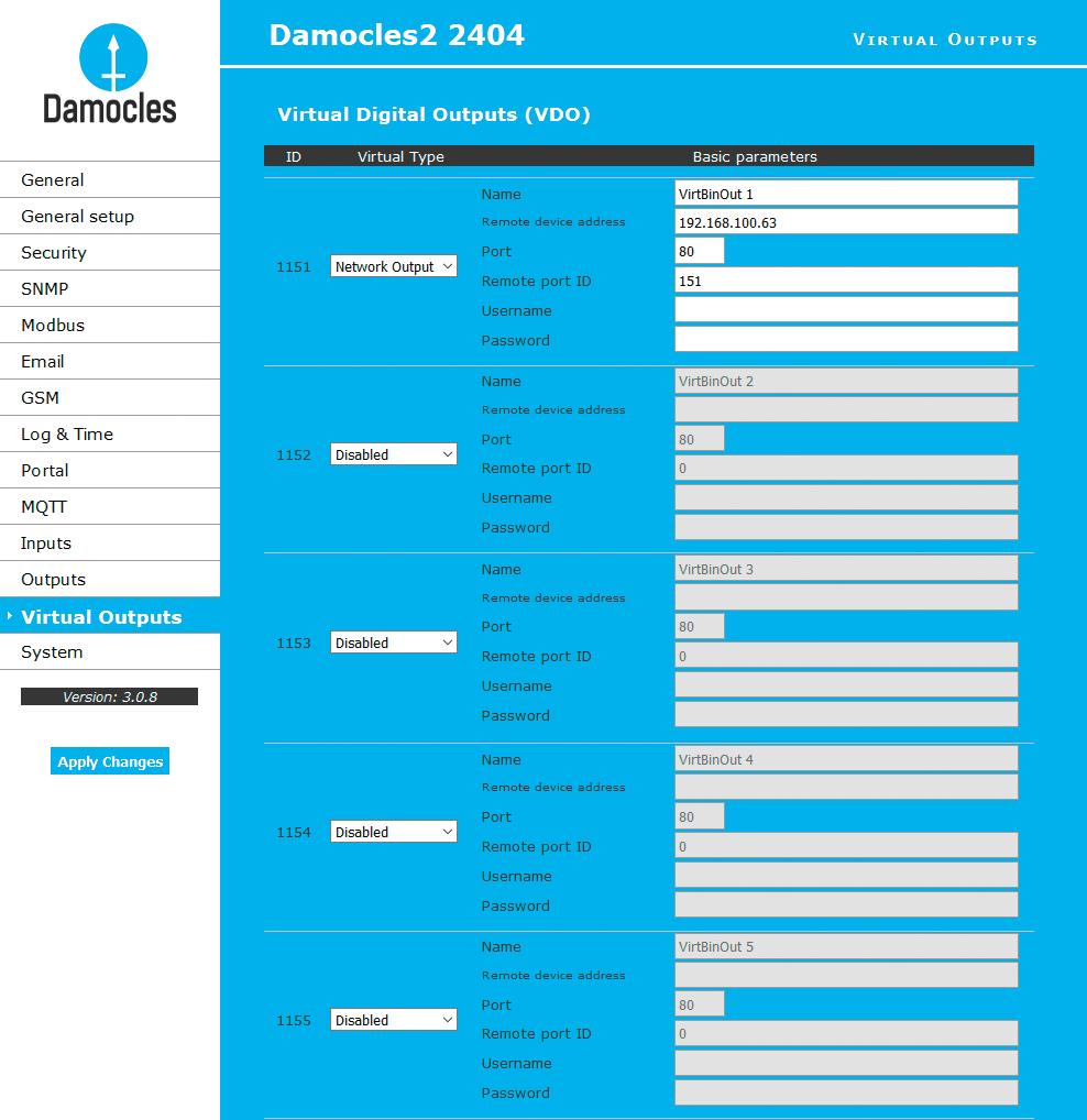 Virtual Outputs (VDO) Slouží k používání výstupů z jiných jednotek Poseidon2 a (Box2Box). Komunikace probíhá protokolem TCP a je každých 60 sekund obnovována. Více viz ANXX.