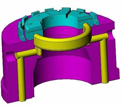 a - 3D data vložky s konformním chlazením b - základní vložka vyrobená klasickou metodou c - upevnění vložek na