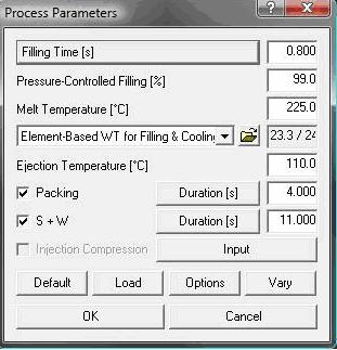 Po zadání materiálů se v simulačním programu nastavily procesní (vstřikovací) parametry (např. doba chlazení, doba cyklu, teplota taveniny, apod.) v názorné tabulce (viz obr. 3.37).