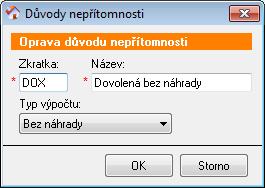 Protože důvody DOX, Dovolená bez náhrady a NEX, Nemoc bez náhrady mají nastaven Typ výpočtu = Bez náhrady, nebude se z těchto nepřítomností generovat vratka, ale převede se na kartu klienta pouze