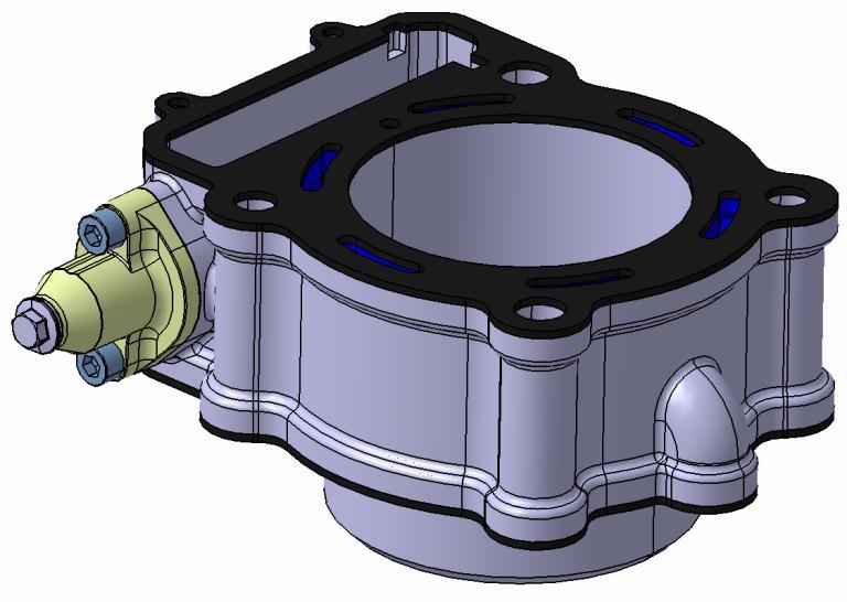 4.5 Válec motoru Obr. 47: Sestava válce motoru Válec motoru je logickým pokračování hlavy válce. Na hlavu navazuje geometricky shodnou přírubou a spojuje hlavu válce s blokem motoru.