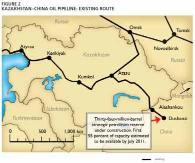 118 ENERGETICKÁ BEZPEČNOST ASIJSKÝCH ZEMÍ A RUSKÉ FEDERACE Obrázek č. 1: Trasa třífázového ropovodu z Kazachstánu do Číny Zdroj: Erickson & Collins, 2010, s.