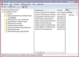 Z nabídky složek prosím vyberte Certifikáty - aktuální uživatel, poté Důvěryhodné kořenové certifikační úřady a nakonec Certifikáty.
