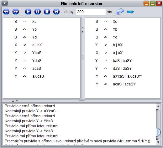 Posledním testovaným neterminálem je Y, u něhož se provede nejvíce úprav. V první iteraci cyklu se přidají pravidla P = {Y XcaS Y das Y bas} a odstraní původní pravidlo Y SaS.