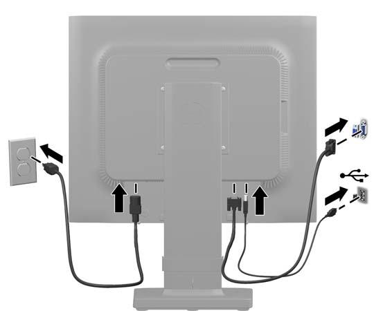 5. Jeden konec síťového kabelu zastrčte do napájecího konektoru v zadní části monitoru a druhý konec do elektrické zásuvky ve zdi. VAROVÁNÍ!