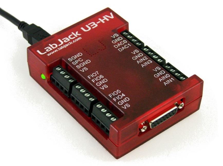 Obrázek 28. Měřicí karta LabJack U3-HV Disponuje 12 flexibilními porty, které můžou sloužit jako digitální vstupy/výstupy nebo analogové vstupy, 4 jednoúčelovými porty pro tzv.