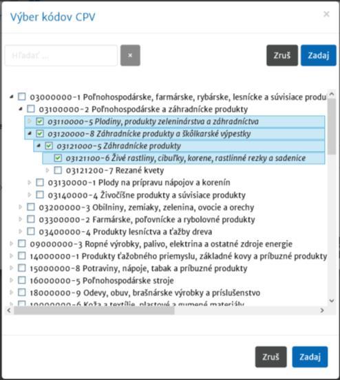 Výber CPV kódov môže používateľ vykonať hromadne (ako je uvedené na obrázku). Každé zakliknuté CPV sa naplní do zoznamu zvolených CPV. 3.3.1.