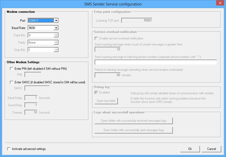 Je nutné správně zadat parametry pro připojení modemu v sekci Modem connection. Musíte zvolit správný COM port na který je modem připojen (9.4 Jak získat informace o COM portech v počítači).