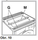 Montáž panelu na spotřebič. Vložte hrot na závěsu (označený šipkou na obr. 2) do otvoru pro závěs zatlačte panel směrem k přední části stroje. Utáhněte dva závěsy šroubem typu D.