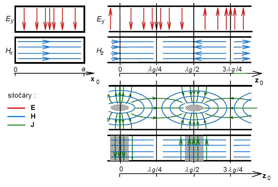 Obr. 1.3: Siločáry dominantního vidu TE 1,0 (převzato z [3]) Provedeme-li podélný řez rovinou kolmou na užší stranu vlnovodu, budou se nám siločáry magnetické intenzity jevit jako elipsy.