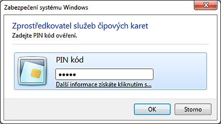 Na výzvu zadává PIN k autentizačnímu certifikátu Prostřednictvím Identity Providera