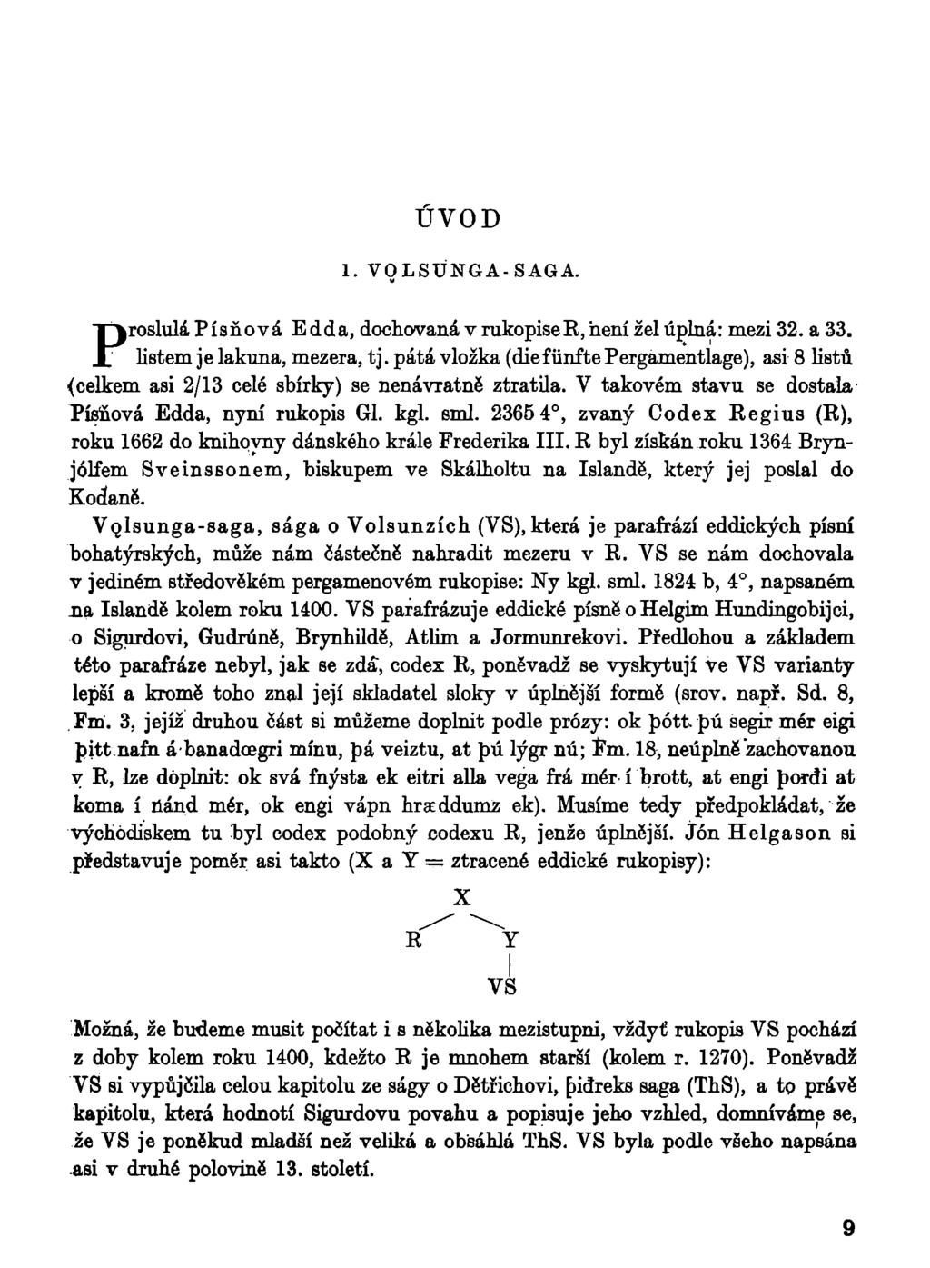 Ú V O D 1. VOLSÚNGA - SÁGA. Proslulá Písňová Edda, dochovaná v rukopiser, není žel úplná: mezi 32. a 33. listem je lakuna, mezera, tj.