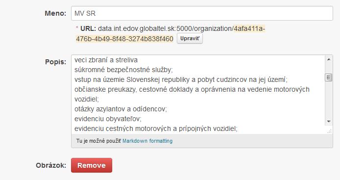 4.4.3.2 Editovanie metaúdajov organizácie Používateľ klikne na tlačidlo v pravom hornom rohu Detailu organizácie.