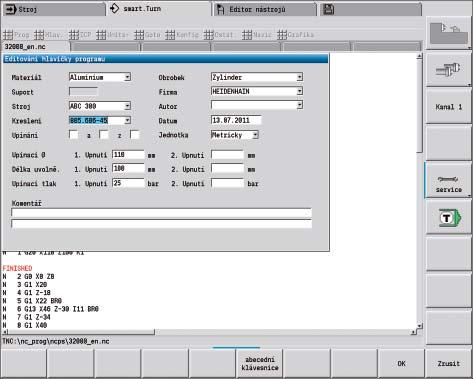 obráběcích bloků. Podle vedení v menu postupně zadáváte: Záhlaví programu obsazení nástrojů v revolverové hlavě Popis polotovaru Popis hotového dílce jednotlivé kroky obrábění Tento koncept smart.