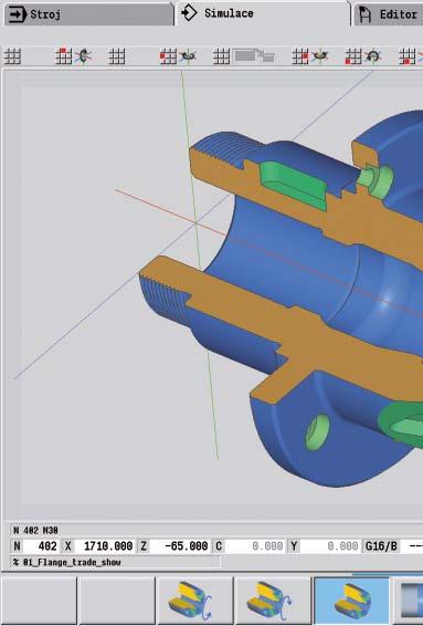 Grafická simulace Grafické simulace umožňuje provést kontrolu již před obráběním: definice nájezdu a odjezdu průběh obrábění, dělení řezů, hotový obrys (kontura).