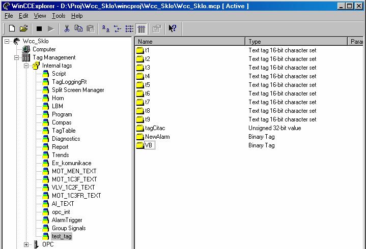 39 V následujícím obrázku č. 14 jsou uvedeny tagy, ve skupině interních tagů v nabídce WinCC Explorer: Tag Management Internal tags test_tag. Tyto tagy jsou používány pro komunikaci mezi WinCC a VB6.