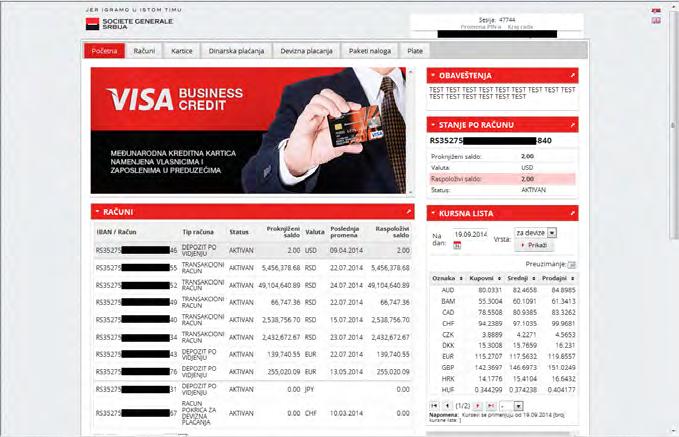 3 Nakon uspešne prijave otvara se prva strana u SOGe-banking aplikaciji: Na raspolaganju vam je sedam stranica u aplikaciji: 1. POČETNA 2. RAČUNI 3.