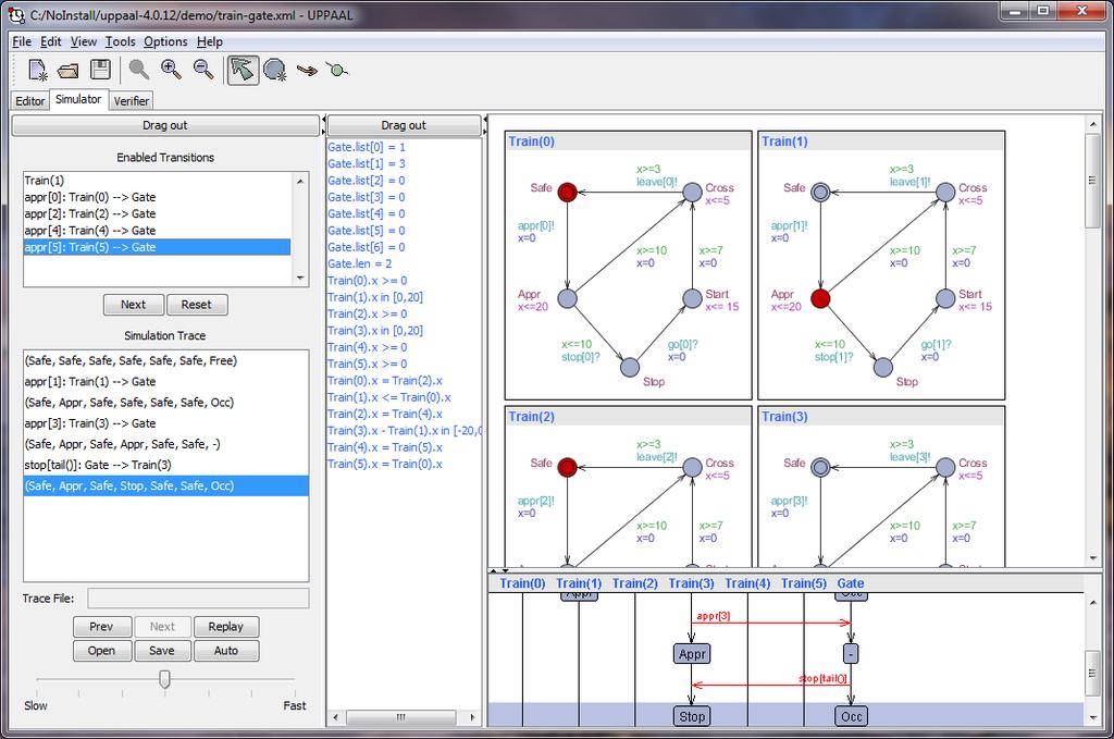 Grafický simulátor [UPP10] UPPAAL - Přehled Architektura Simulátor grafická vizualizace a záznam možného dynamického chování popisu systému, sekvence