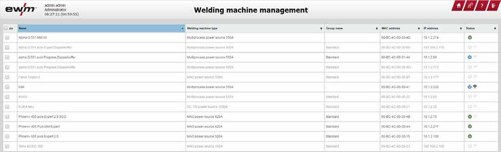 ewm Xnet Správa přístrojů Přehledné zobrazení seznamů všech svařovacích