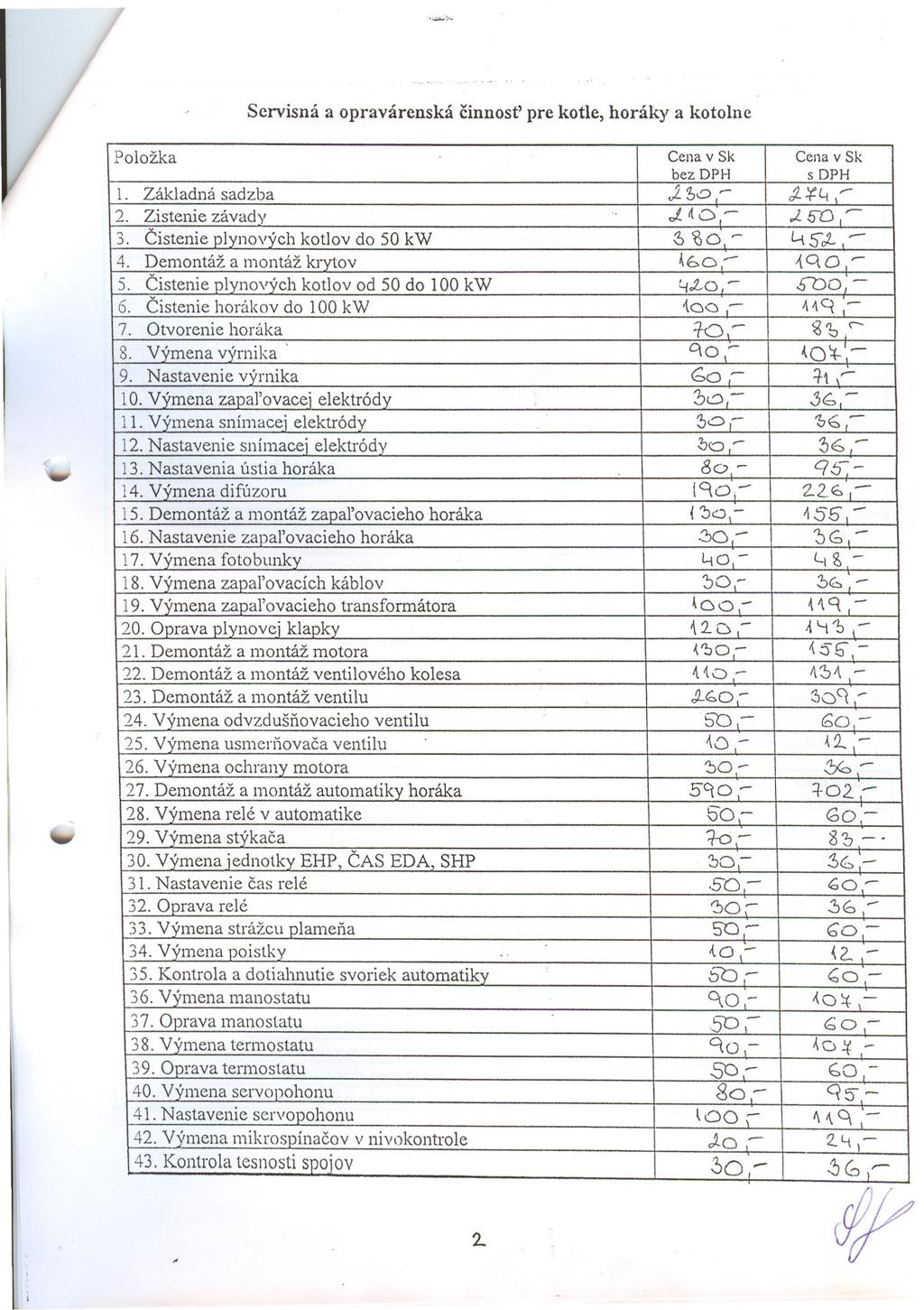 ez Servisná a opravárenská cinnost' pre kotle, horáky a kotolne q5- ba- (,0 - ~ao- o(é,.- ~OO.(.0,- 80- \"" Položka Základná Výmena Demontáž Cistenie Otvorenie Zistenie horákov plynových závady v)trnika ~D.