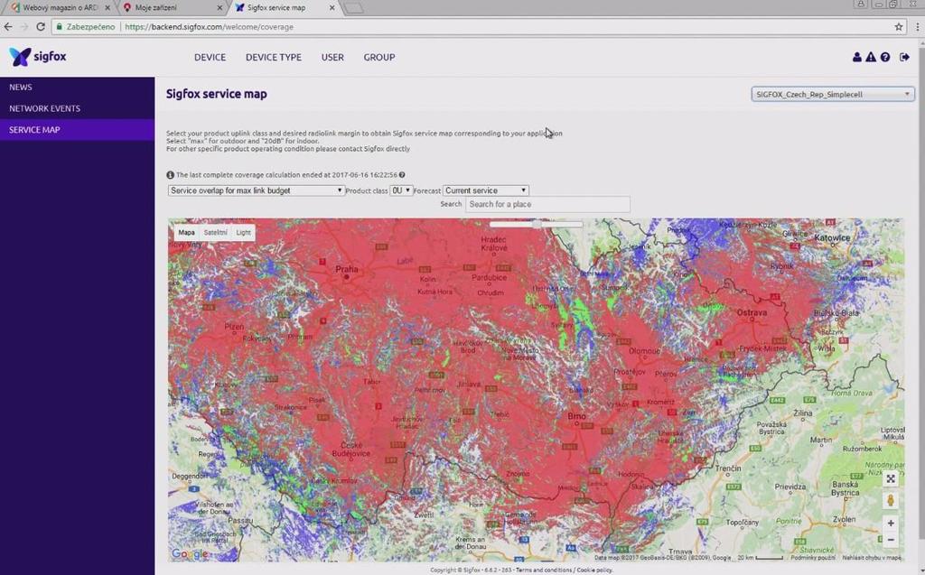 Pro ověření očekávané síly signálu se můžeme podívat na mapu pokrytí sítí Sigfox.