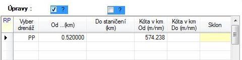 Je pak na uživateli aby kóty opravil tak, aby sklony odpovídaly normě. Kliknutím do sloupce č. 6 (sklon) si uživatel může ověřit, jaký aktuální sklon úsek drenáže má. Údaj o slonu se nikam nezapisuje.