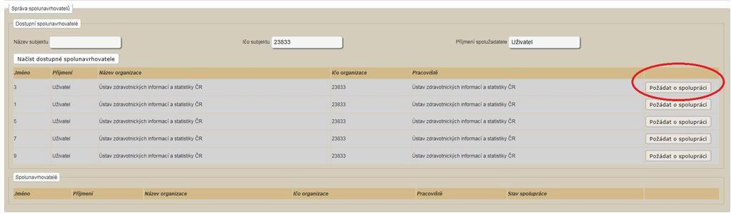 Pro spolupráci je nutné zadat IČO či název uchazeče (instituce) a příjmení spolunavrhovatele, poté kliknout na tlačítko Načíst dostupné spolunavrhovatele.