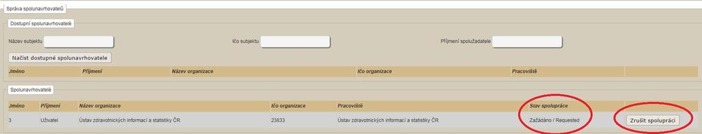 Spolunavrhovatel se propíše do části Spolunavrhovatelé, kde je vidět i stav Vaší žádosti tj. sloupec Stav spolupráce ( Zažádáno/Requested ).