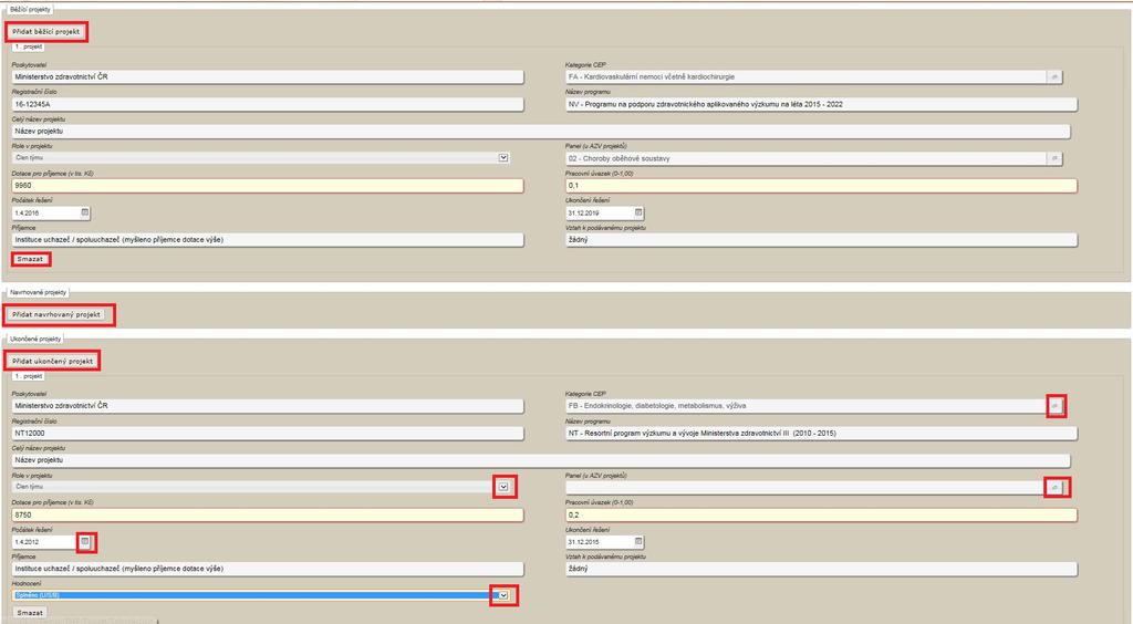 Do záložky Související projekty se uvádí informace o všech tematicky blízkých projektech (navrhovatele, spolunavrhovatele/lů) řešených s poskytnutou účelovou podporou podle zákona č. 130/2002 Sb.