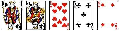 Prakticky je možné sestavit 54 912 různých kombinací s označením trojice. Dva páry (Two pairs) Tuto kombinaci tvoří dvě dvojice karet se stejnou hodnotou.