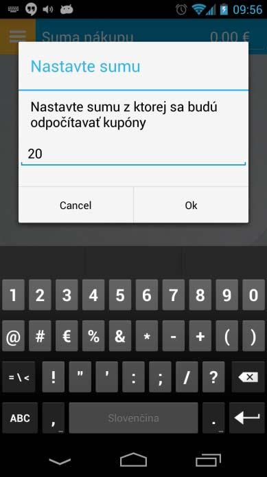 III. OVEROVANIE KUPÓNOV Aplikáciu spustíte dotykom na ikonu Over kupón. Otvorí sa úvodné okno, kde nájdete: 3 1 1. Pole na zadanie celkovej sumy nákupu 2. Voľbu typu snímania: a. Dávkové snímanie b.