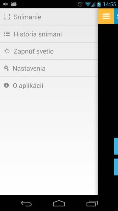 IV. MENU Po dotyku na ikonu menu sa zobrazí nasledovná obrazovka: 1. Snímanie Dotykom sa vrátite na úvodnú obrazovku Výber typu snímania. 2. História snímaní a. denná, b. týždenná, c. mesačná. 3.