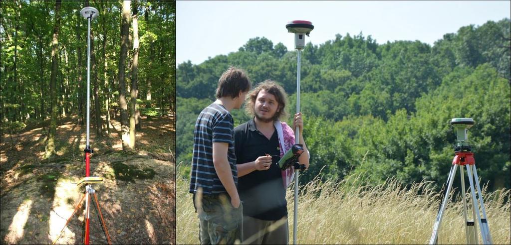 Obr. 18: Vlevo dlouhodobé měření na bodu v lesním prostředí z důvodu nedostatečného výhledu na družice (foto: B. Machová).