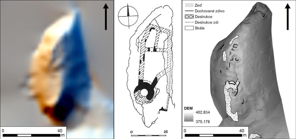 2.7.1 Holoubek (Taubstein; okr. Třebíč) Obr. 31: Holoubek. Vlevo multidirectional hillshade vytvořen z předplacených dat DRM5G od ČÚZK (autor: M. Prišťáková). Uprostřed půdorysný plán vytvořen M.