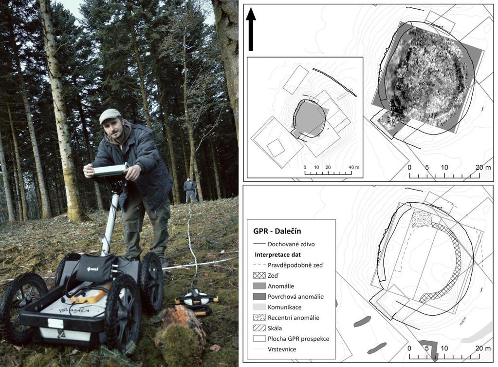 Obr. 53: Vlevo: Ukázka terénního měření s odstíněnou anténou GEOSCIENCE MALÅ o centrální frekvenci 500 MHz.