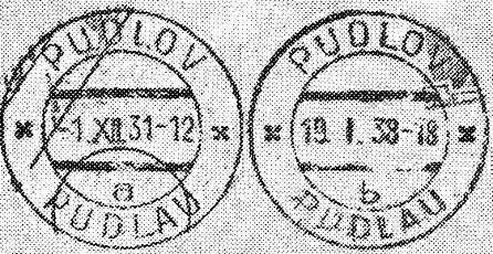 - 3 - Vlevo je kresba razítka PUDLOV * PUDLAU */a s datem -1.VII.31-12 a razítka PUDLOV * PUDLAU */b s datem 19.I.38-18. Obě razítka jsou typu M 47.