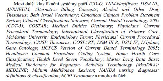 Seznam příkladů klasifikačních nomenklatur Přečková Petra: Využití