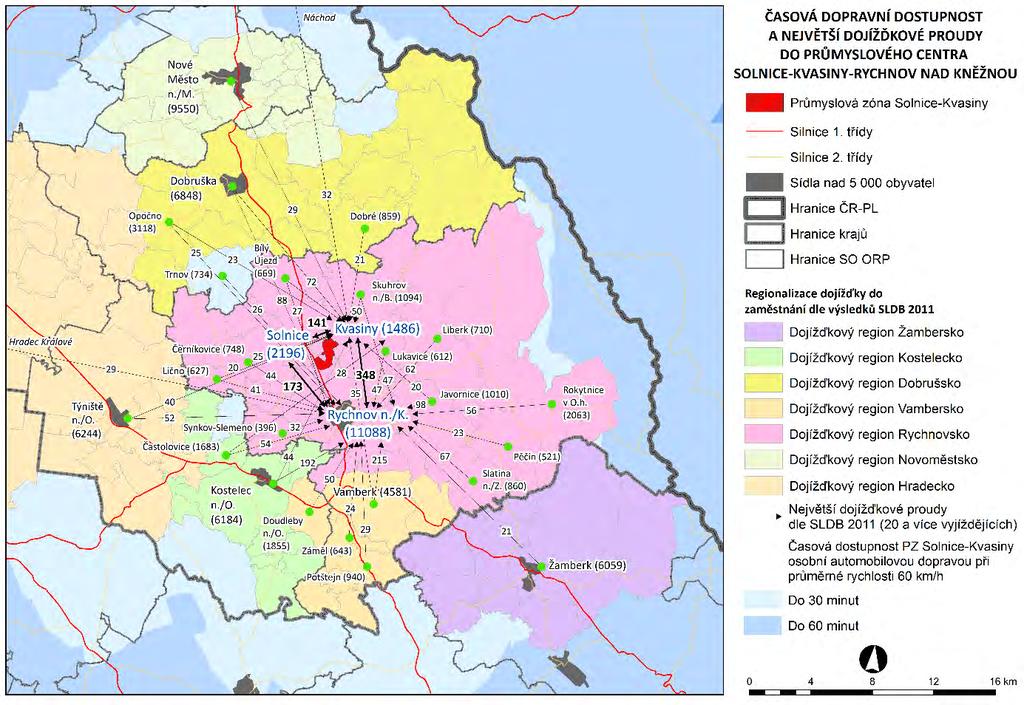 2 Vymezení zájmového území Časová dopravní dostupnost a největší dojížďkové proudy do průmyslové zóny Solnice-Kvasiny- Rychnov nad Kněžnou Zdroj: SLDB 2011; vlastní zpracování Počet obyvatel v